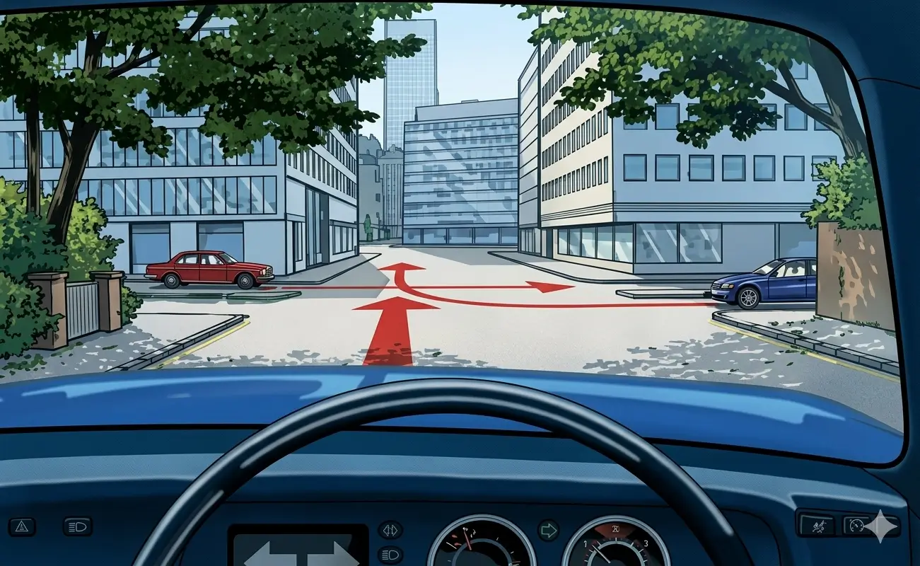 Driver's view at a junction with a blue car on the right and a red car ahead